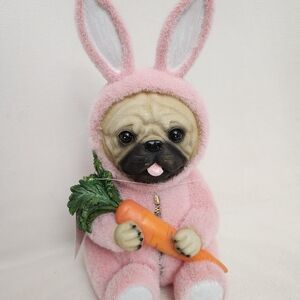 Adorable Pink Bunny Dog Figurine Wearing Pajamas Holding Carrot 12"X 7"